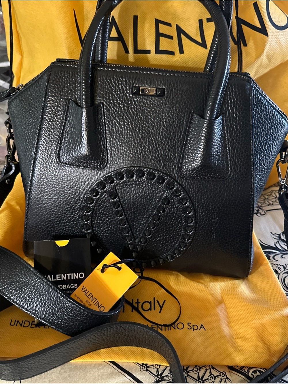 Valentino Rock Studded Black Pebbled Leather Satchel with Crossbody Strap